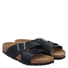  Birkenstock, Lugano Leoi Schmal, Fettleder-Pantolette in schwarz für Damen