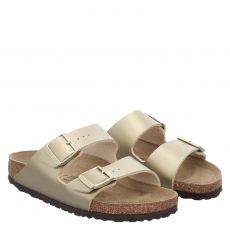  Birkenstock, Arizona Bf Schmal, Glattleder-Pantolette in gold für Damen
