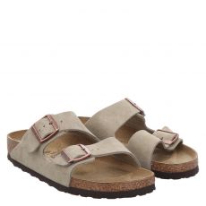  Birkenstock, Arizona Leve Schmal, Veloursleder-Pantolette in beige für Herren