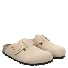  Birkenstock, Boston Big Buckle Schmal, Nubukleder-Pantolette in beige für Damen