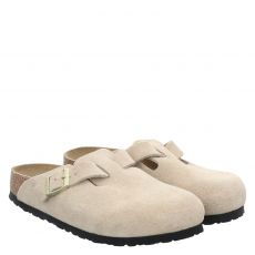  Birkenstock, Boston Schmal, Veloursleder-Pantolette in beige für Damen
