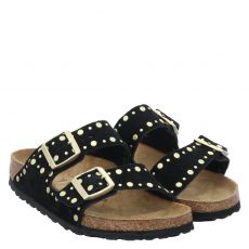  Birkenstock, Arizona Rivet Schmal, Veloursleder-Pantolette in schwarz für Damen